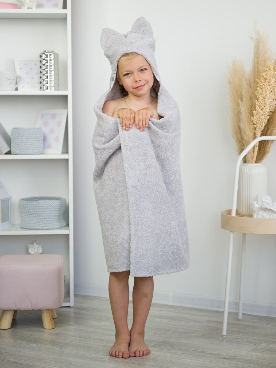 снимок Накидка детская с капюшоном "КОТИКИ" 110*70 см, светло-серый от магазина BIO-TEXTILES ОПТ