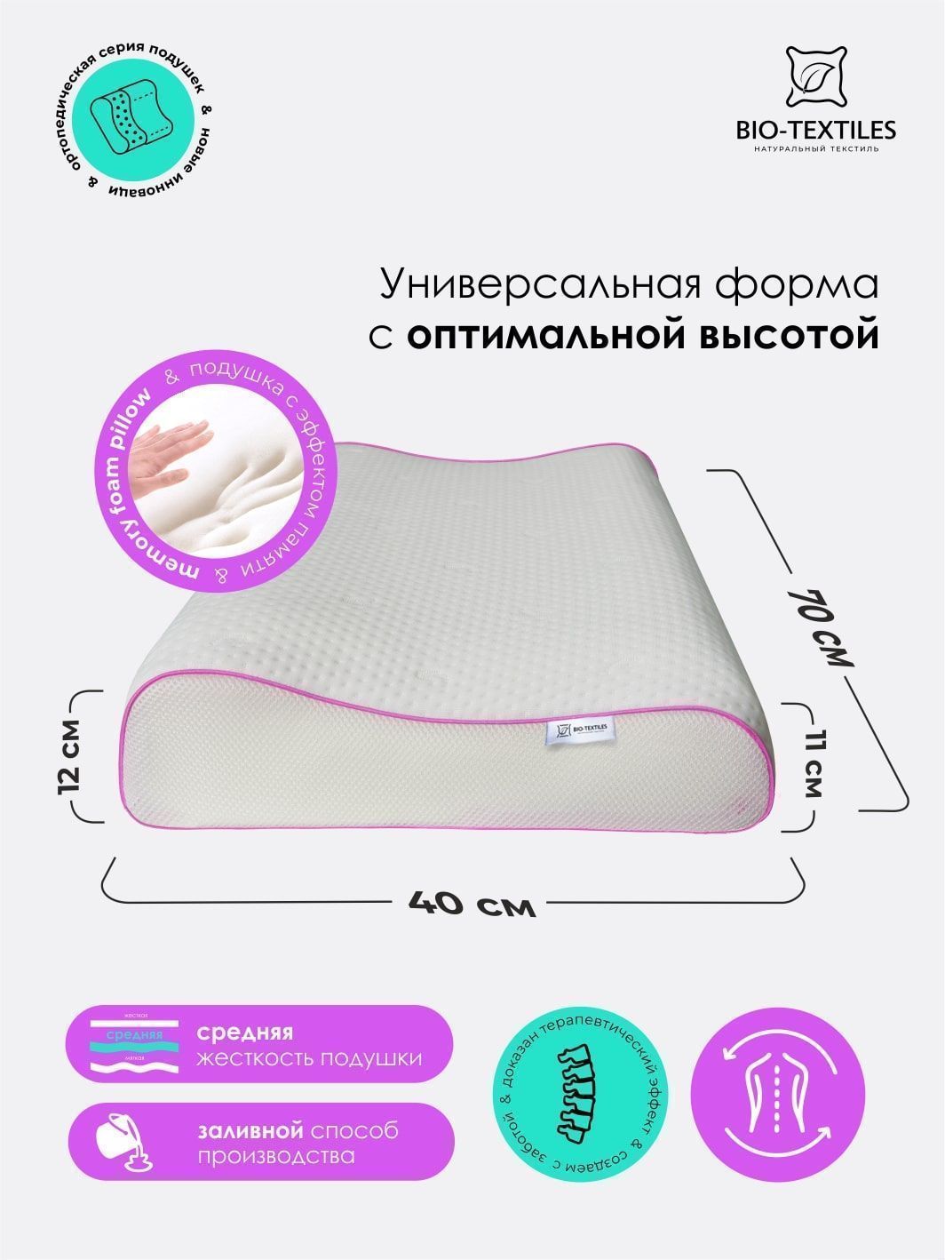 снимок Подушка c эффектом памяти "СПА-Релакс" 70*40*11/12 от магазина BIO-TEXTILES ОПТ