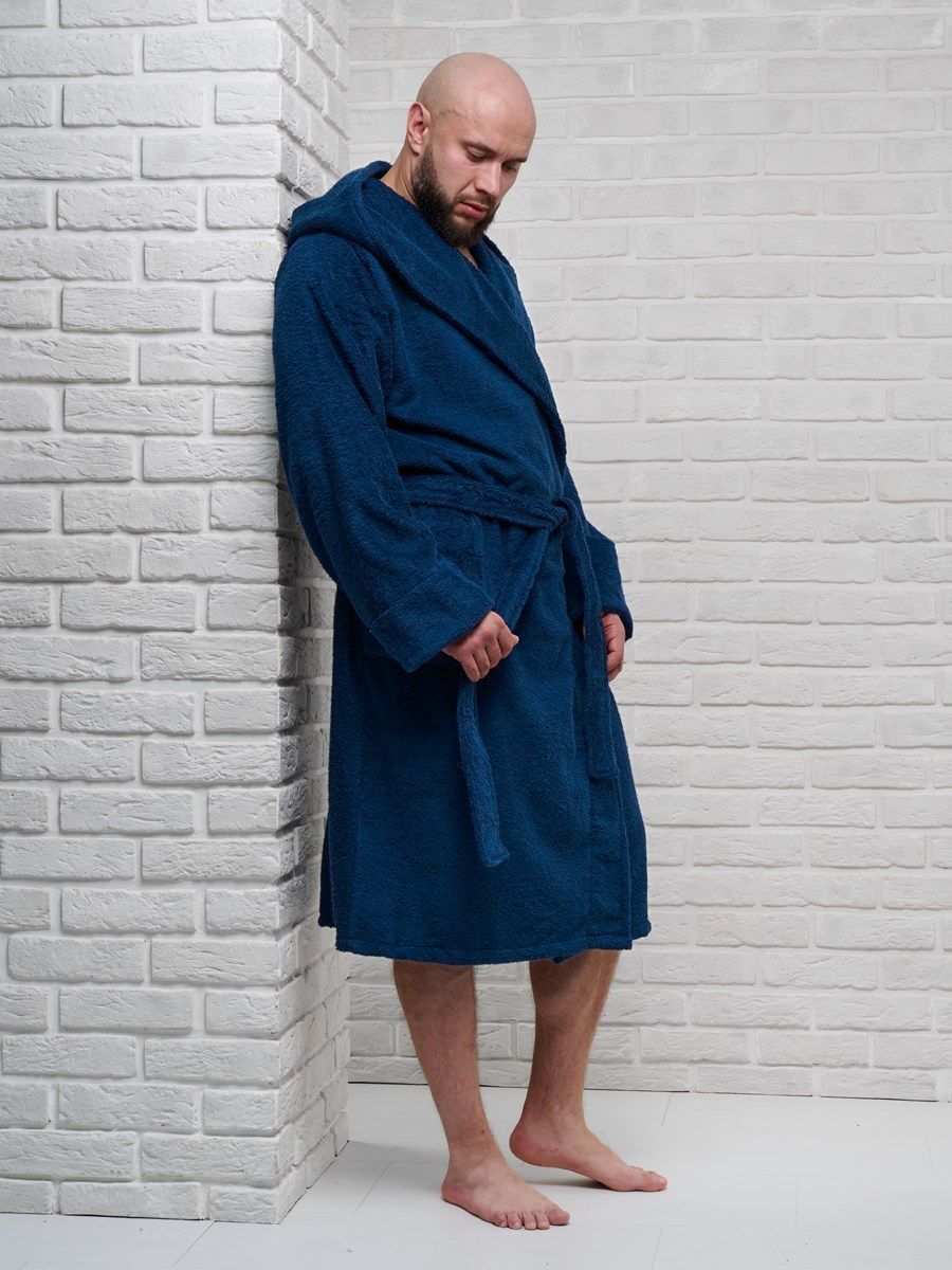 снимок Халат мужской махровый PandaHug с капюшоном, синий от магазина BIO-TEXTILES ОПТ