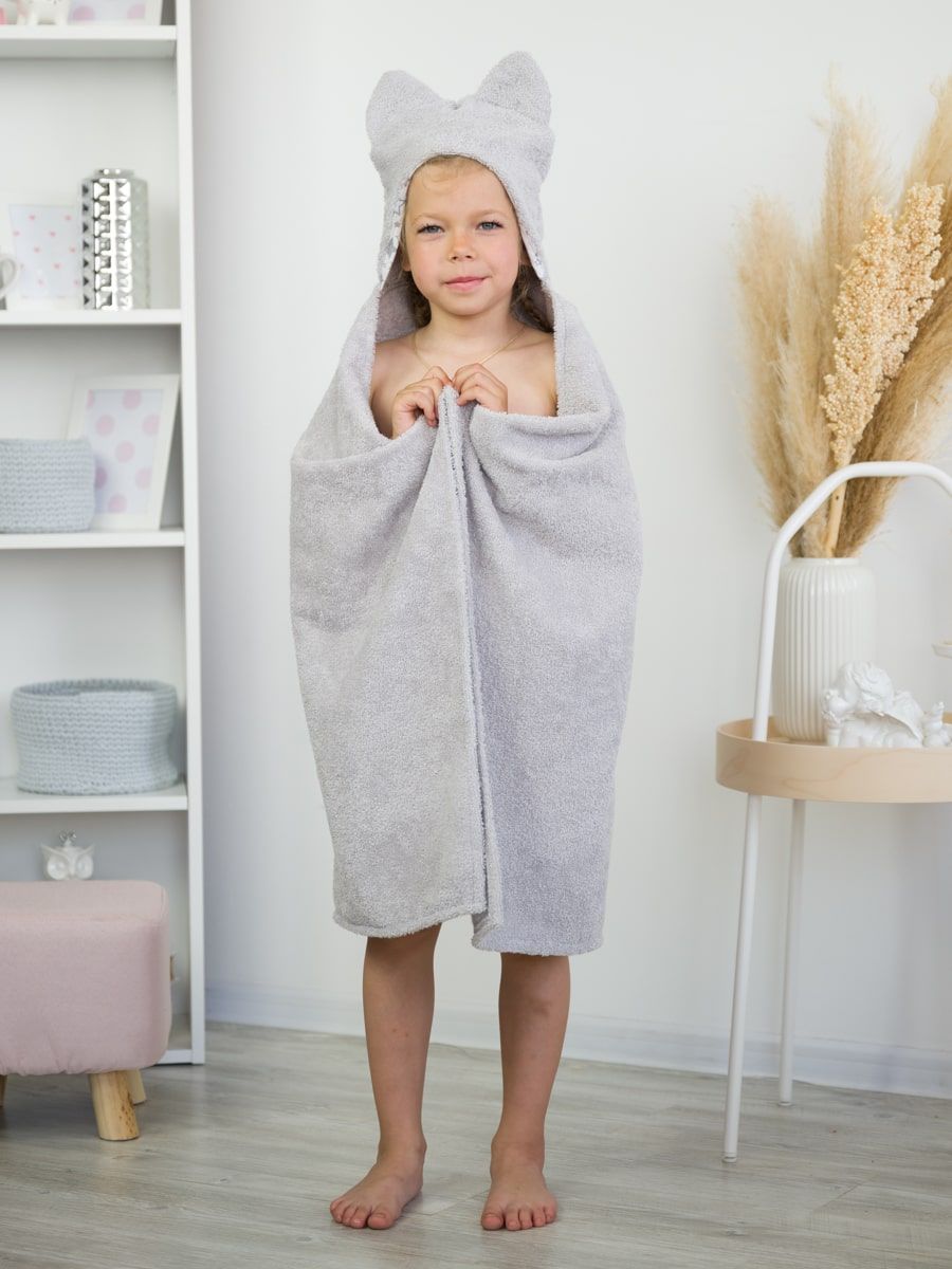 снимок Накидка детская с капюшоном "КОТИКИ" 110*70 см, светло-серый от магазина BIO-TEXTILES ОПТ